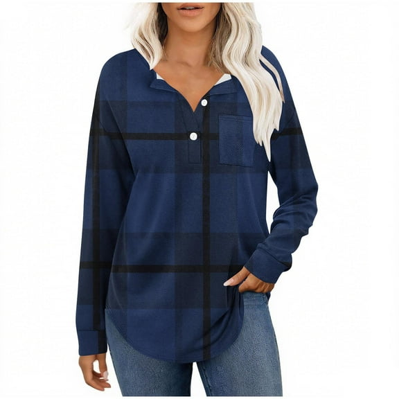 VEKDONE Womens Plaid Shirts Long Sleeve Button V-Neck Tunic Tops Casual Loose Fit Lightweight Pullover Top Curved Hem Color Block Blouses