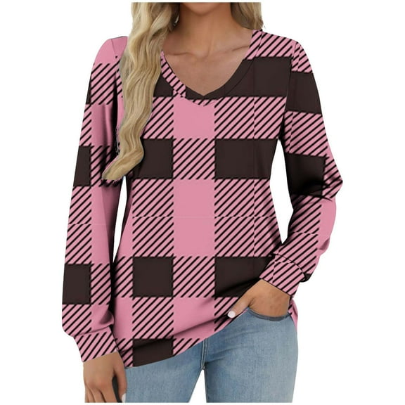 VEKDONE Womens Plaid Tops Long Sleeve V-Neck Tunic Tops Casual Loose Fit Color Block Blouses Lightweight Comfy Thin Pullover Top Lounge Tops