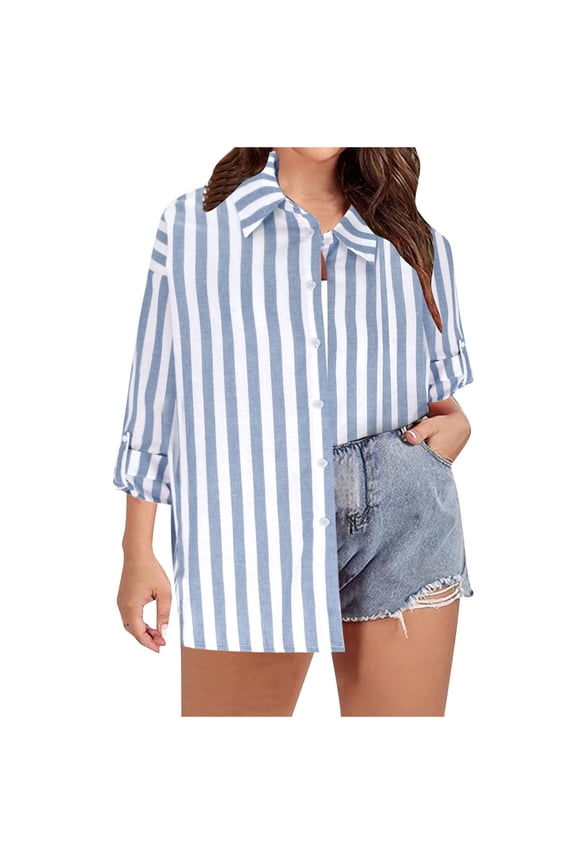 Womens Plus Size Button Down Shirt Long Sleeve Stripe Lapel Blouse Cotton Linen Loose Open Front Tops Fall Casual Lightweight Work Shirts