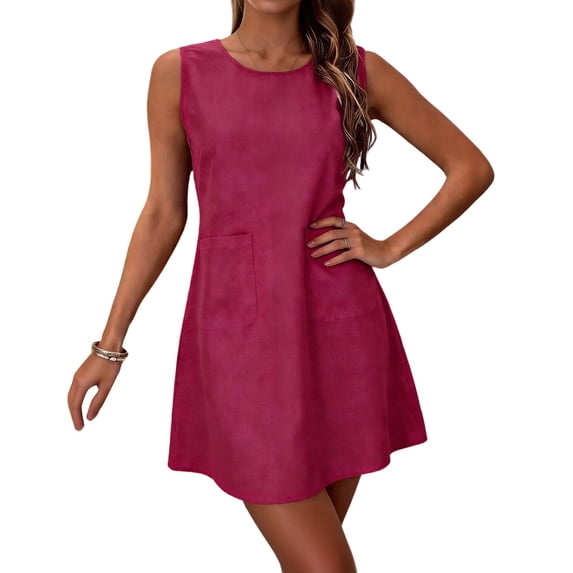VEKDONE Womens Plus Size Linen Dress Sleeveless Crewneck Tunic Dresses with Pockets Solid Color Loose Fit A-Line Dress Fashion Clothes Hot Pink M