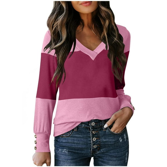 VEKDONE Womens Plus Size Shirts Button Long Sleeve V-Neck Tunic Tops Trendy Color Block Pullover Casual Loose Fit Lightweight Top Fall Winter Fashion Clothes