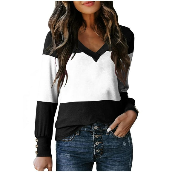 VEKDONE Womens Plus Size Shirts Button Long Sleeve V-Neck Tunic Tops Trendy Color Block Pullover Casual Loose Fit Lightweight Top Fall Winter Fashion Clothes