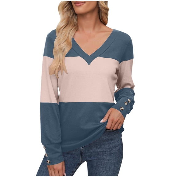 VEKDONE Womens Plus Size Shirts Button Long Sleeve V-Neck Tunic Tops Trendy Color Block Pullover Casual Loose Fit Lightweight Top Fall Winter Fashion Clothes