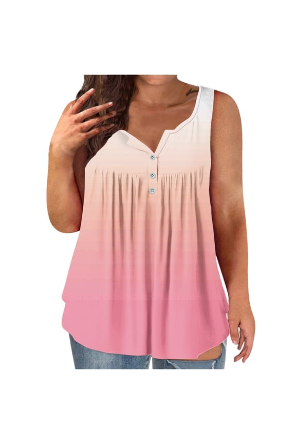 Womens Plus Size Tank Tops Casual Pleated Button V-Neck Tanks Fashion Gradient Color Loose Fit Tunics Tops Summer Sleeveless Lightweight Vests Pink Large