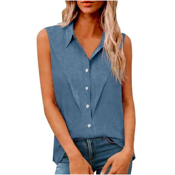 VEKDONE Womens Plus Size Tank Tops Summer Button Down Lapel Linen Tanks Solid Color Loose Fit Lightweight Shirts Summer Beach Vacation Tank Tops Blue L