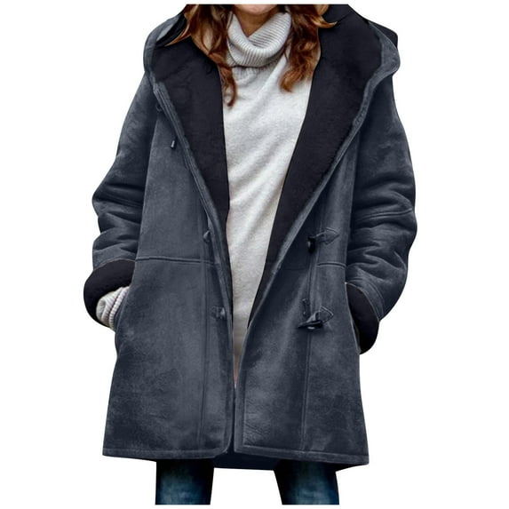VEKDONE Womens Plush Hoodie Jackets 2026 Fall Winter Thickened Warm Horn Button Coat Long Sleeve Plus Size Outwear Solid Color Fleece Jacket with Pockets Navy L