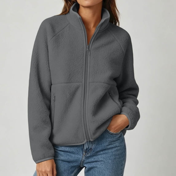 VEKDONE Womens Polar Fleece Jacket Zip Up Stand Collar Jackets Warm Casual Loose Fit Fuzzy Coat with Zipper Pockets Fall Winter Trendy for Cummuting