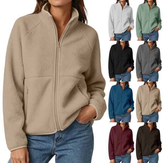 VEKDONE Womens Polar Fleece Jacket Zip Up Stand Collar Jackets Warm Casual Loose Fit Fuzzy Coat with Zipper Pockets Fall Winter Trendy for Cummuting
