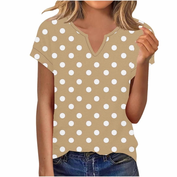 VEKDONE Womens Polka Dot Print Tops Summer Short Sleeve V-Neck Tshirts Casual Loose Fit Lightweight Pullover Top Fashion Basic Tunics Beige L