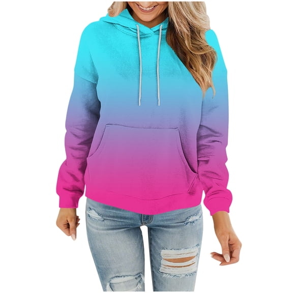 VEKDONE Womens Pullover Hoodies Fashion Gradient Color Sweatshirts Long Sleeve Drawstring Hooded Sweatshirt with Pocket Fall Winter Thin Fleece Tops Sky Blue S