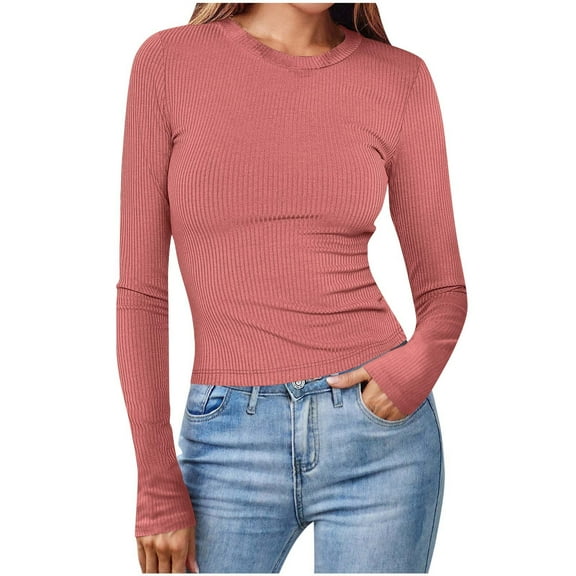 VEKDONE Womens Ribbed Knit Long Sleeve Shirts Slim Fitted Stretchy Tight Tops Basic Solid Color Tees Fall Soft Comfy Yoga Cropped Tops