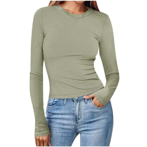 VEKDONE Womens Ribbed Knit Long Sleeve Shirts Slim Fitted Stretchy Tight Tops Basic Solid Color Tees Fall Soft Comfy Yoga Cropped Tops