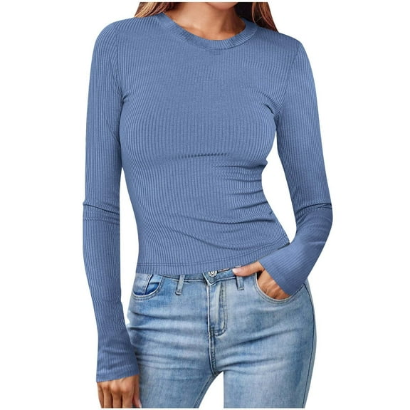 VEKDONE Womens Ribbed Knit Long Sleeve Shirts Slim Fitted Stretchy Tight Tops Basic Solid Color Tees Fall Soft Comfy Yoga Cropped Tops