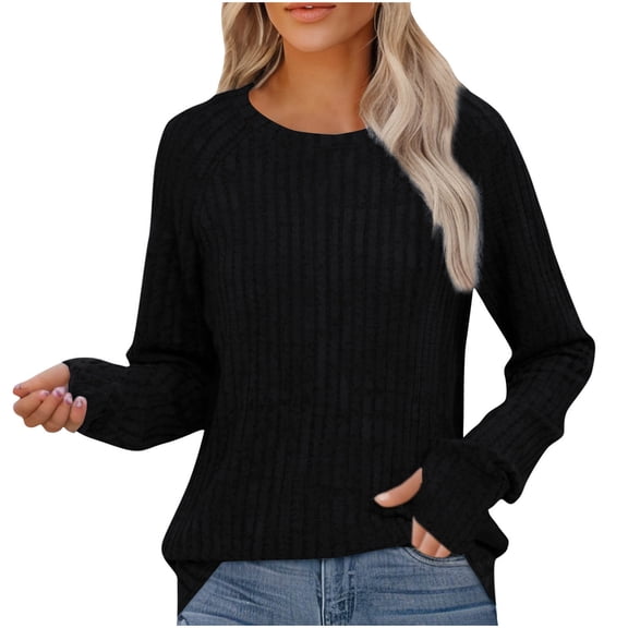 VEKDONE Womens Ribbed Knit Sweater Tops Raglan Long Sleeve Crewneck Pullover Tops with Thumb Hole Casual Loose Fit Comfy Blouse Black XXL