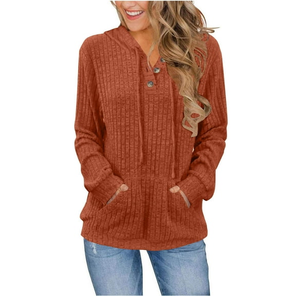 VEKDONE Womens Ribbed Knit Sweaters with Hood Button V-Neck Drawstring Hooded Sweater Fall Long Sleeve Loose Fit Knitwear Pullover Jumper with Pockets