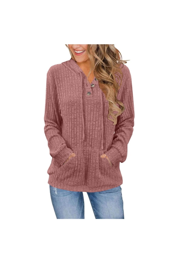 Womens Ribbed Knit Sweaters with Hood Button V-Neck Drawstring Hooded Sweater Fall Long Sleeve Loose Fit Knitwear Pullover Jumper with Pockets
