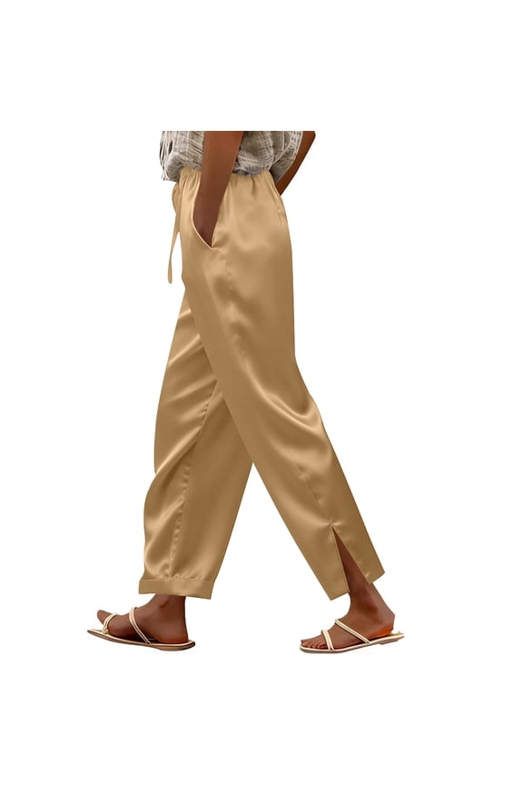 Womens Satin Straight Trousers Elastic Waist Drawstring Ankle Pants Solid Color Comfy Side Split Long Pants with Pockets Yellow XL