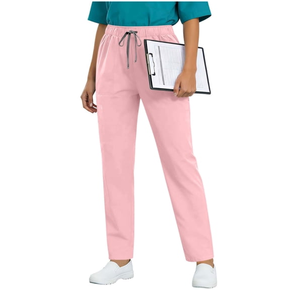 VEKDONE Womens Scrub Pants Elastic High Waist Straight Ankle Pants Casual Lightweight Work Pants Drawstring Long Pants with Pockets Pink S