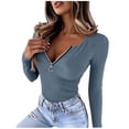 thumbnail image 1 of VEKDONE Womens Sexy Tops Long Sleeve Zipper V Neck Shirts Ribbed Knit Low Cut Tops Fall Stretch Slim Fit Shirts Solid Color Fashion Blouses Blue S, 1 of 6