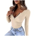 thumbnail image 1 of VEKDONE Womens Sexy Tops Long Sleeve Zipper V Neck Shirts Ribbed Knit Low Cut Tops Fall Stretch Slim Fit Shirts Solid Color Fashion Blouses Khaki L, 1 of 7