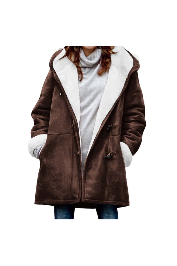 Womens Sherpa Lined Hoodie Jackets Winter Fashion Fuzzy Fleece Hooded Jacket Horn Button Down Plus Size Coats Casual Soft Cozy Coat with Pockets