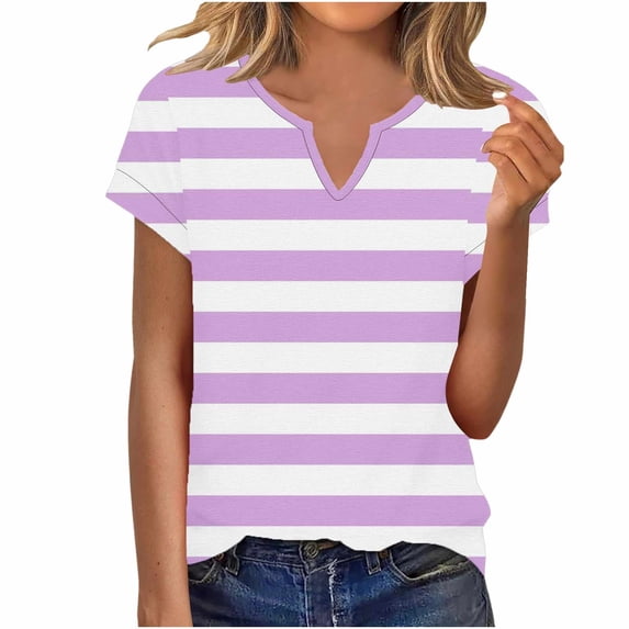 VEKDONE Womens Short Sleeve Stripe Tops Fashion V-Neck Color Block Blouse Summer Stretch Lightweight Pullover Top Casual Soft Comfy Tshirts Purple S
