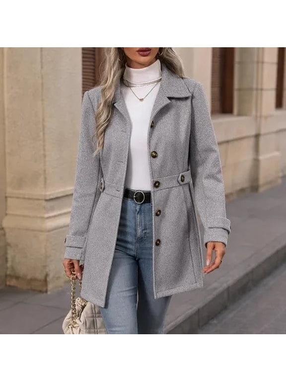 Womens Single Breasted Overcoat Notched Lapel Belted Waist Trench Coat Slim Fit Adjustable Cuff Straps Jacket Fall Winter Fashion Clothing for Commuting