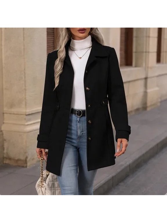 Womens Single Breasted Overcoat Notched Lapel Belted Waist Trench Coat Slim Fit Adjustable Cuff Straps Jacket Fall Winter Fashion Clothing for Commuting