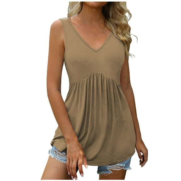 VEKDONE Womens Sleeveless Tank Tops Casual Hide Belly Pleated Flowy Tanks Summer Solid Color Loose Lightweight Vests Khaki Medium