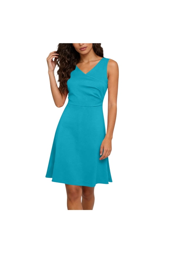 Womens Sleeveless V-Neck Casual Dress Solid Color A-Line Sundress Summer Plus Size Basic Work Dress Wrap Tunic Minidress Light Blue XXL