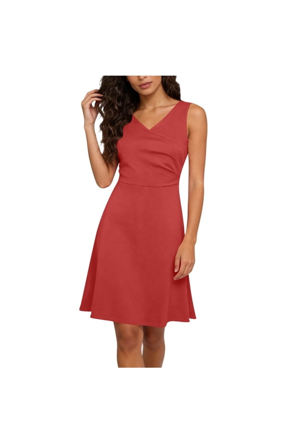 Womens Sleeveless V-Neck Casual Dress Solid Color A-Line Sundress Summer Plus Size Basic Work Dress Wrap Tunic Minidress Red M