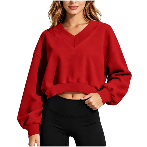 VEKDONE Womens Solid Color Cropped Sweatshirts Drop Shoulder Long Sleeve V-Neck Pullover Fall Loose Fit Comfy Y2K Tops Outdoor Workout Crop Sweatshirt Red L