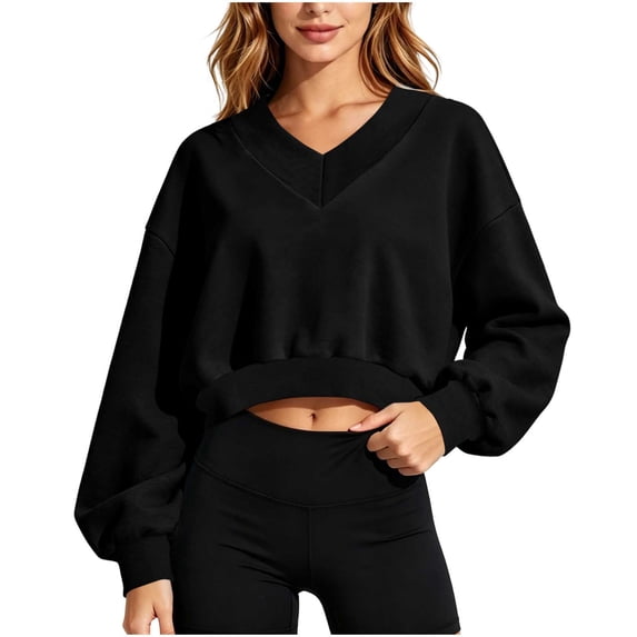 VEKDONE Womens Solid Color Cropped Sweatshirts Drop Shoulder Long Sleeve V-Neck Pullover Fall Loose Fit Comfy Y2K Tops Outdoor Workout Crop Sweatshirt Black L
