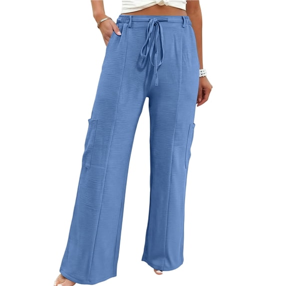 VEKDONE Womens Solid Color Wide Leg Pants High Waist Drawstring Business Work Pant Casual Loose Fit Lightweight Palazzo Pants Flowy Beach Pant with Pockets Blue S