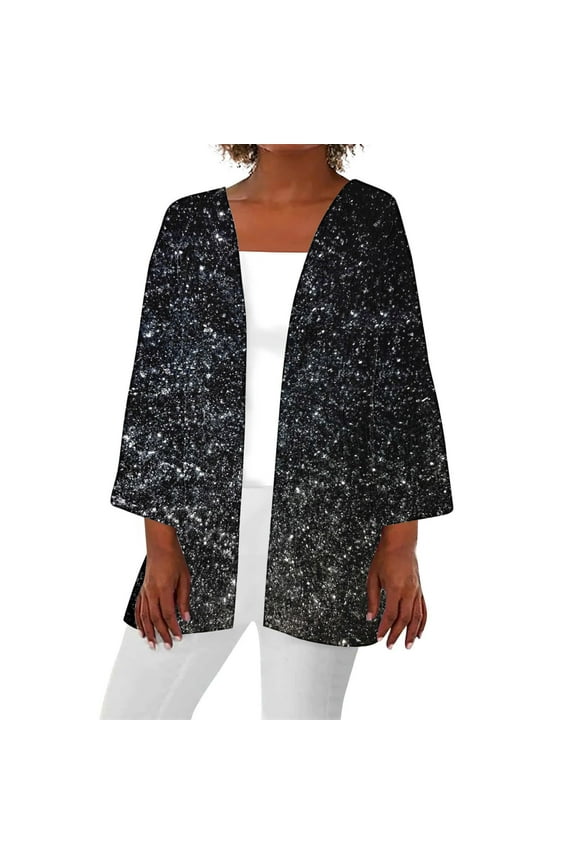 Womens Sparkly Sequins Cardigan Shrug Bolero Jacket Lightweight 3/4 Sleeve Open Front Knit Sweater Casual Outdoor Glitter Clubwear Cardigans