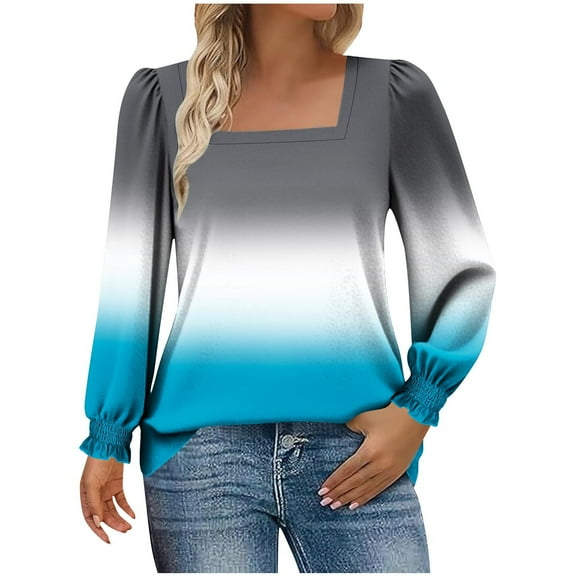 VEKDONE Womens Square Neck Puff Sleeve Tops Casual Loose Fit Lightweight Blouses Long Sleeve Gradient Color Print Shirts Dressy Tunic Tops
