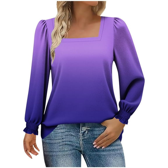 VEKDONE Womens Square Neck Puff Sleeve Tops Long Sleeve Patchwork Shirts Casual Loose Fit Lightweight Blouses Dressy Gradient Color Print Tunic Tops