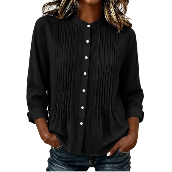 VEKDONE Womens Stand Collar Blouses Pintuck Pleated Shirts Long Sleeve Button Down Loose Fit Tunic Tops Solid Color Lightweight Blouses Black S