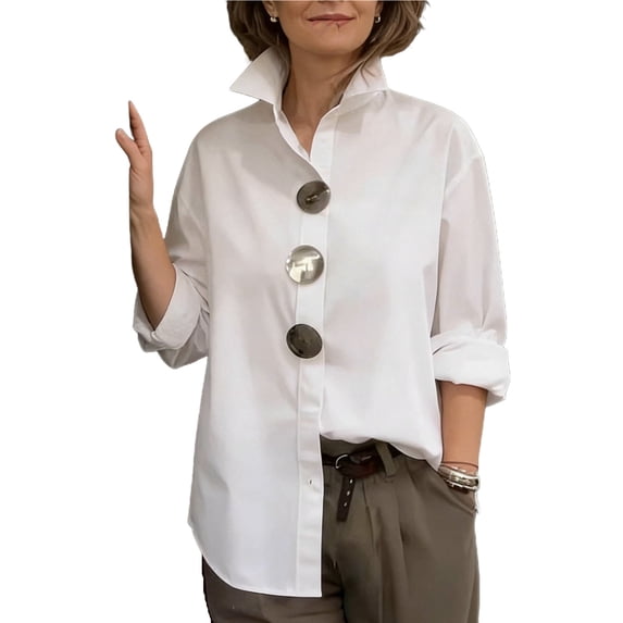 VEKDONE Womens Stand Collar Tops Metal Buttons Long Sleeve Blouse Fall Solid Color Loose Fit Casual Lightweight Button Down Shirt White S