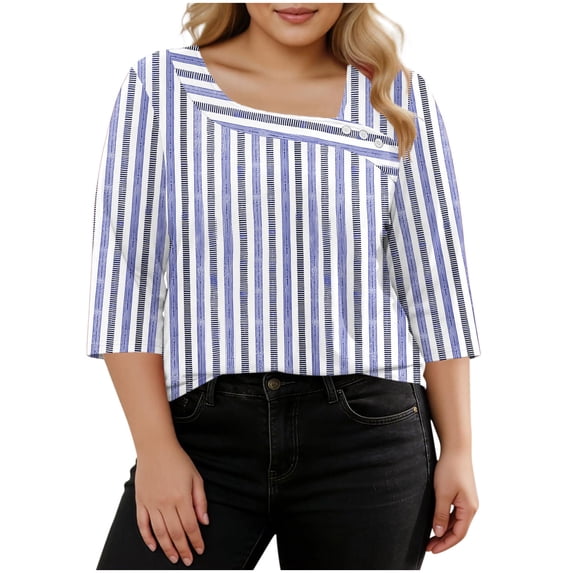 VEKDONE Womens Stripe Plus Size Tops 3/4 Length Sleeve Loose Fit Blouse Asymmetrical Neck Button Tunic Tops Summer Fashion Clothes Blue XL