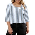 thumbnail image 1 of VEKDONE Womens Stripe Plus Size Tops 3/4 Length Sleeve Loose Fit Blouse Asymmetrical Neck Button Tunic Tops Summer Fashion Clothes Light Blue XXL, 1 of 7