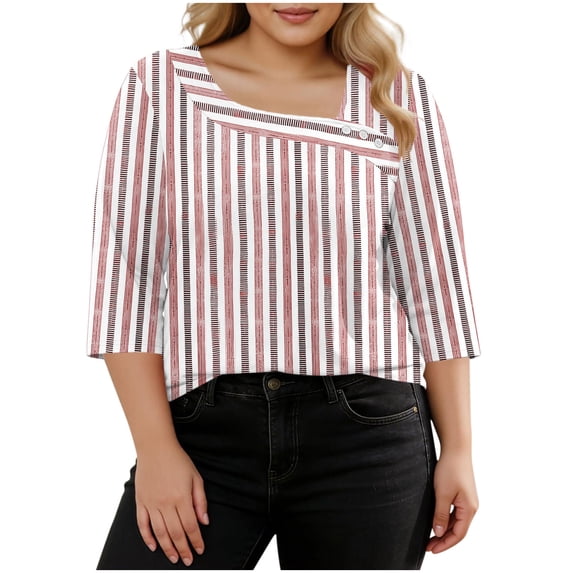 VEKDONE Womens Stripe Plus Size Tops 3/4 Length Sleeve Loose Fit Blouse Asymmetrical Neck Button Tunic Tops Summer Fashion Clothes Orange XL