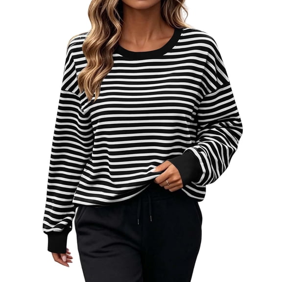 VEKDONE Womens Striped Color Block Sweatshirts Drop Shoulder Long Sleeve Crewneck Pullover Top Fall Thin Fleece Loose Fit Comfy Sweatshirt Black S