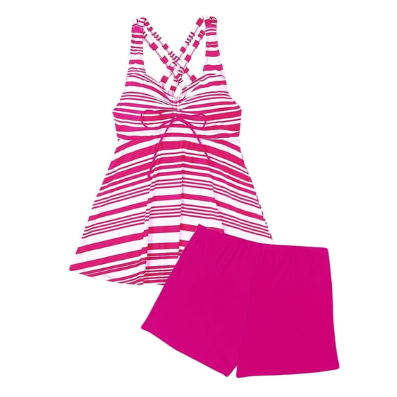 VEKDONE Womens Striped Tankini Swimsuit Plus Size Drawstring V-Neck Bathing Suit Back Crisscross Flowy Smocked Waist Swimsuits with High Waisted Boyshorts Pink XL