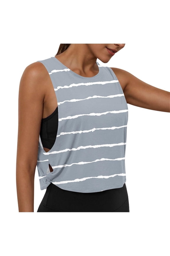 Womens Striped Workout Tank Tops Summer Sleeveless Crewneck Crop Tank Top Side Hollow Out Loose Fit Shirts Casual Outdoor Athletic Gym Cropped Tank Top Gray XXL