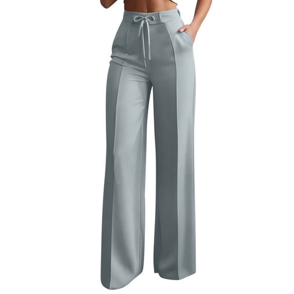 VEKDONE Womens Suit Trousers High Waisted Drawstring Straight Leg Pants Dressy Business Work Dress Trousers Office Palazzo Pants with Pockets Gray M