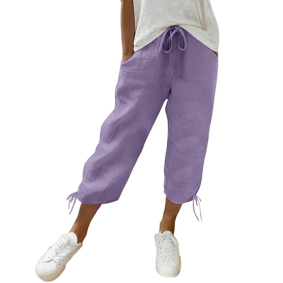 VEKDONE Womens Summer Capri Pants Casual Solid Elastic Waist Lightweight Cropped Trousers Trendy Cotton Capris with Pockets Purple XL