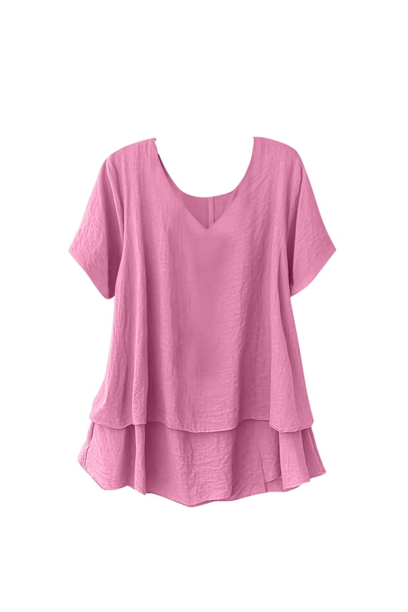 Womens Summer Cotton Linen Tops Solid Color Ruffle Layered Gauze Shirt Casual Loose Fit Boho Vacation Blouses Lightweight Breathable Pullover Top Pink XXL