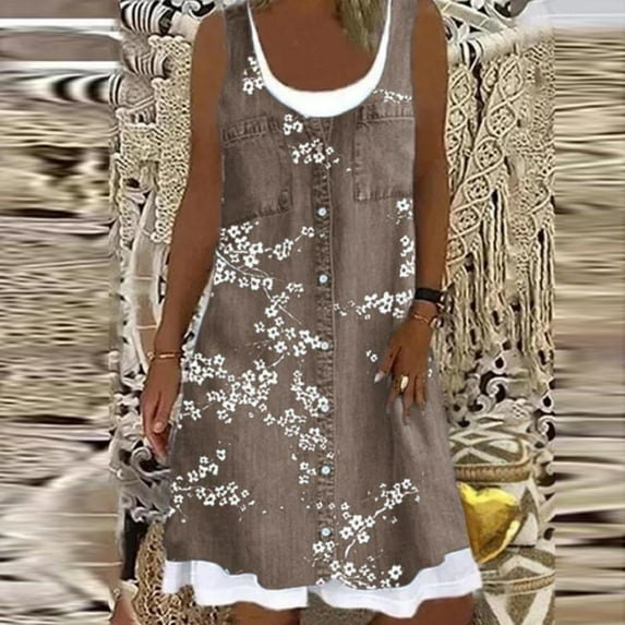 VEKDONE Womens Summer Dresses 2025 Casual Crew Neck Sleeveless Dresses Vintage Floral Sundress Denim Fake Two-Piece Tank Dress Loose