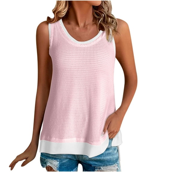 VEKDONE Womens Summer Fake 2 Piece Tank Tops Sleeveless Patchwork Waffle Tanks Casual Loose Fit Crewneck Pullover Vests Pink Small